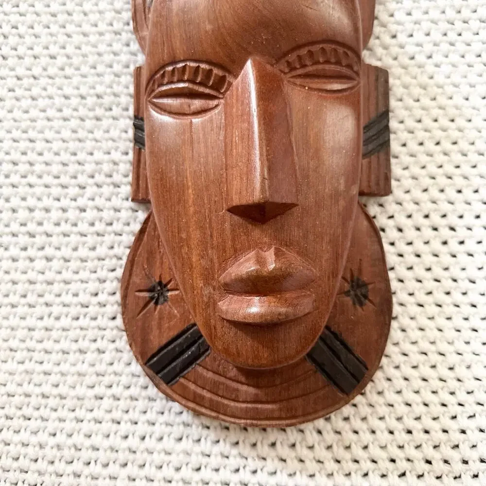 Tribal Primitive Ethnic Long Hand Carved Wooden Face Mask Stars Halo African Vtg